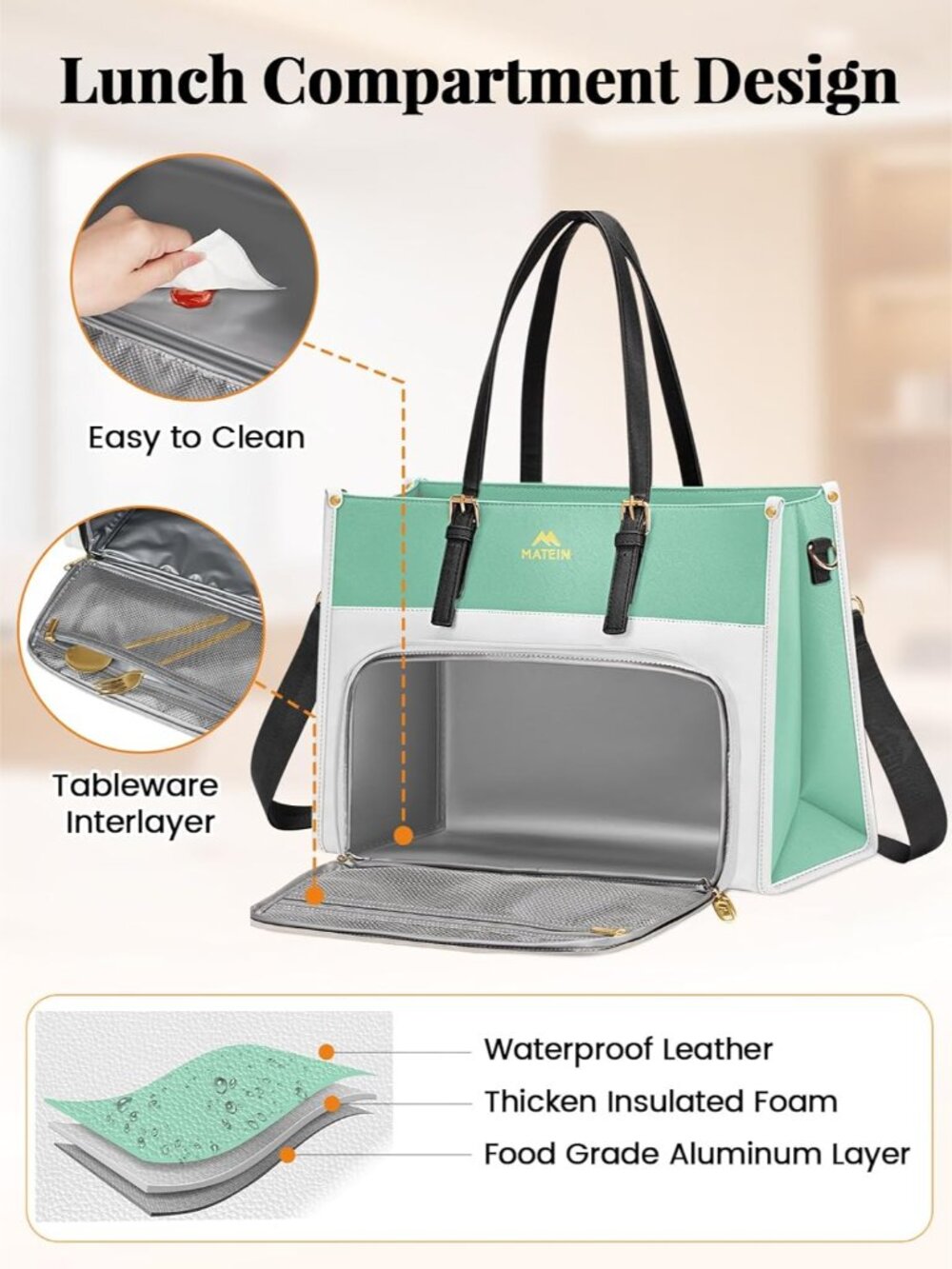 Tote Lunch Bag for Women, 15.6 Inch Laptop Tote with Larger Insulated Lunch Comp - Picture 4 of 9